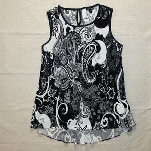 Roz & Ali Black & White Pleated Paisley SLeeveless Blouse - Large